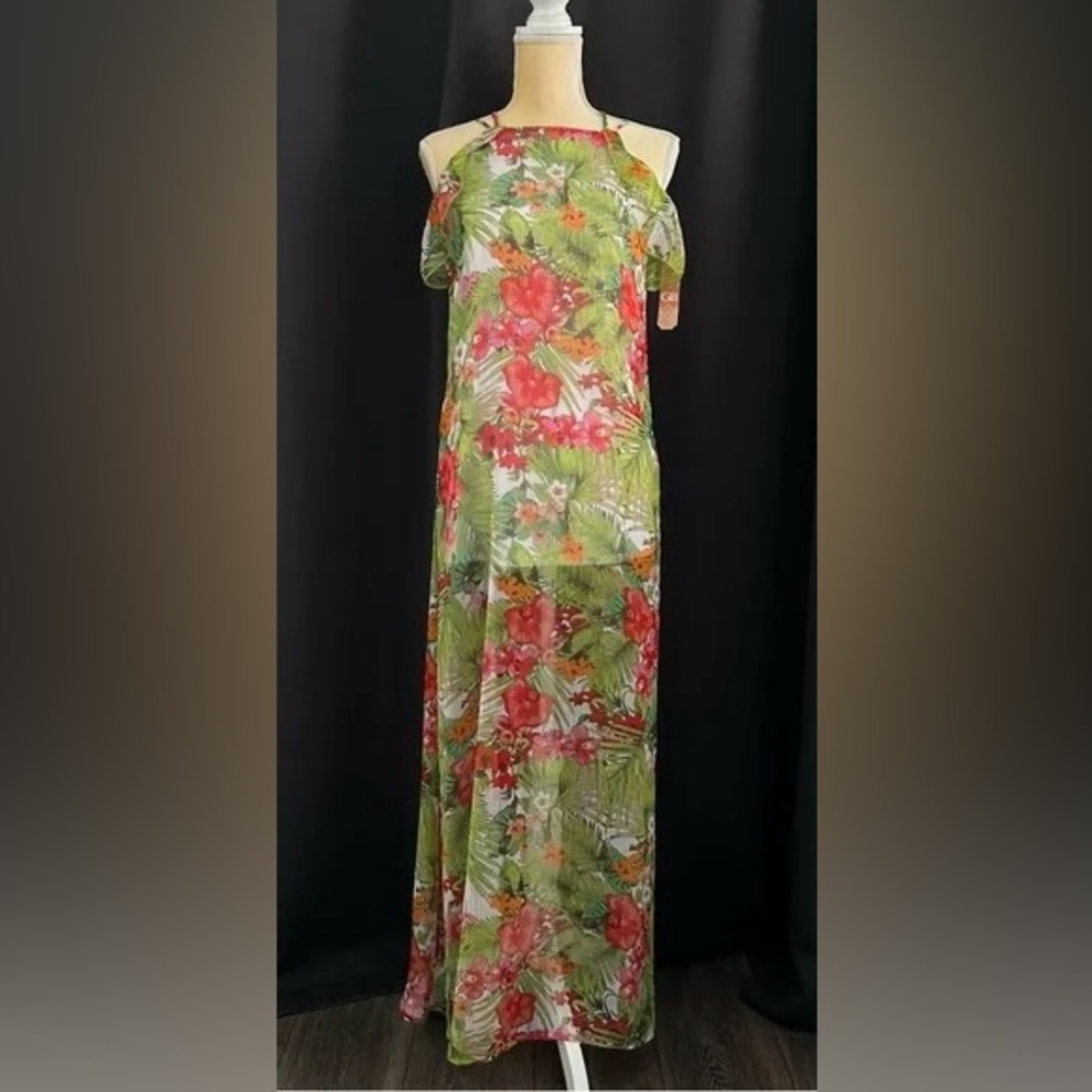 NWT Gianni Bini Green Red Floral Tropical Sleeveless Maxi Dress Medium M